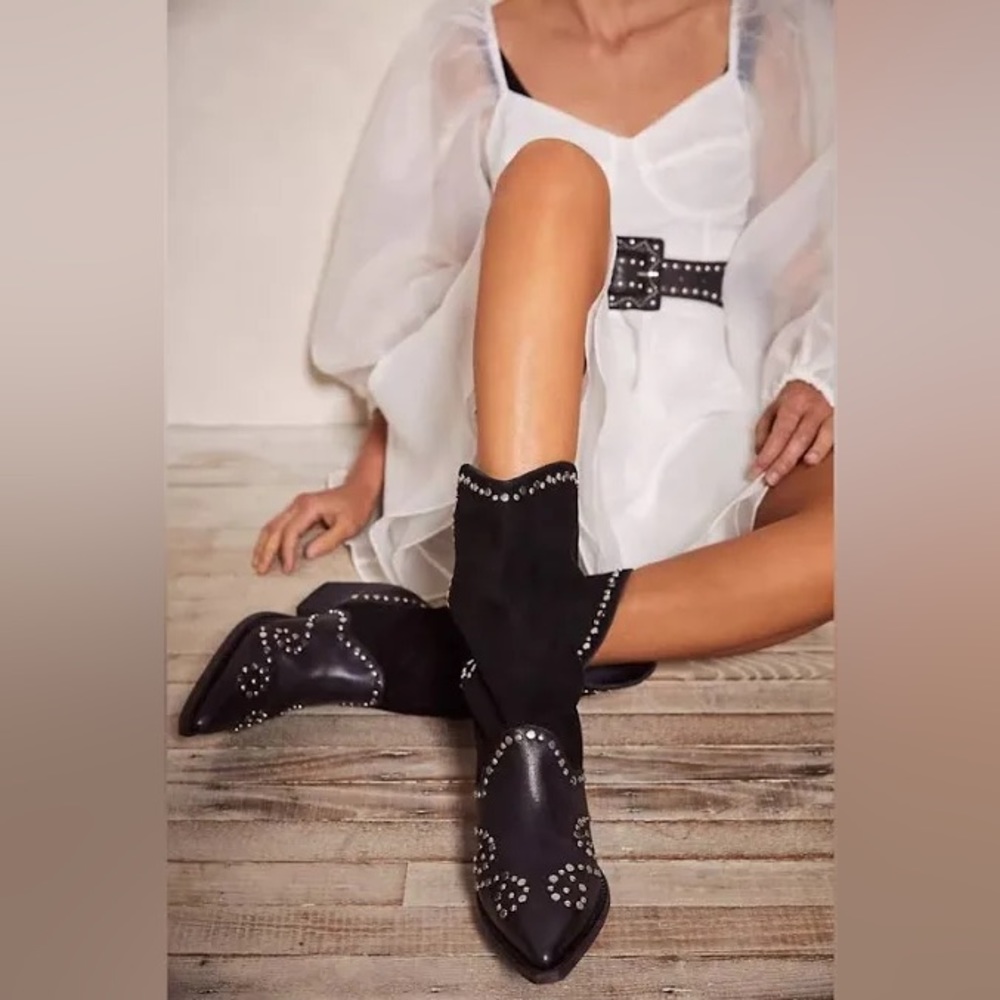 Free People Jaxon Studded Brown Leather Pointed Toe Western Boots EU38.5